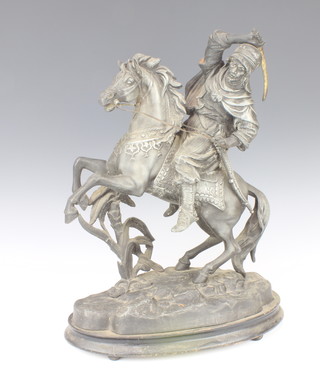 A 19th Century spelter figure of a mounted warrior raised on an oval base 45cm x 33cm x 15cm (arm f) 