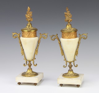 A pair of gilt metal and white marble cassolettes raised on turned feet 28cm x 8cm x 8cm  