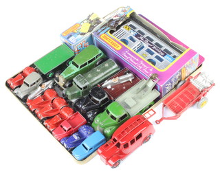 A Dinky Toys fire engine, Dinky Meccano toy car, ditto bowser, a Chad Valley breakdown van (wheels f), fitto flatbed lorry and 10 Dinky Meccano vehicles, a Matchbox no.38 armoured jeep boxed and  Matchbox 1981 Royal Wedding bus 