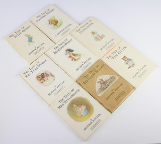 8 editions of The Tales of Beatrix Potter published by Frederick Warren and Co. - Tale of Foxy Bunny (spine damaged), Tale of Peter Rabbit, Tale of Squirrel Nutkin, Tale of Gloucester, Benjamin Bunny, Mrs Tiggywinkle, Tom Kitten and Mrs Tittlemouse - all with dust jackets and with written name to the interior  