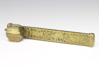 A Persian embossed brass scribe set incorporating an inkwell 28cm x 5cm x 5cm 