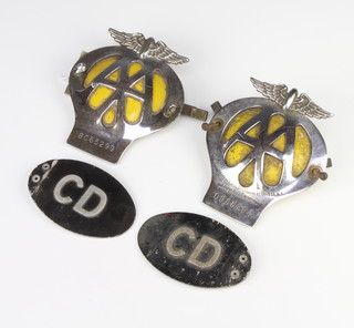 Two AA beehive radiator badges no.8C65299 and 0986294 together with 2 oval metal Diplomatic Corps badges 
