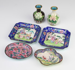 A 19th Century shaped cloisonne enamel dish decorated a kite flying scene 9cm x 8cm, an oval pink cloisonne enamelled dish 9cm x 7cm, 2 square dishes decorated figures 10cm x 10cm and a pair of baluster vases 6cm 