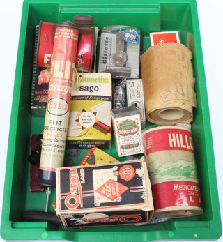 An Osram Type S light bulb boxed, a roll of Hillcrest medicated toilet tissue and other tins etc