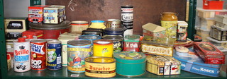 A tin of Elkay Deluxe plums, 2 tins of Brillo Cleanaway, tin of Jolly Time popcorn and other tins 