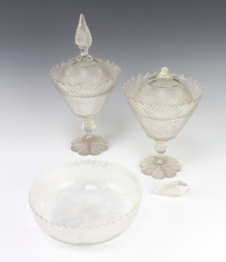 A pair of 19th Century hobnail cut comports and covers 35cm together with a matching bowl 23cm 