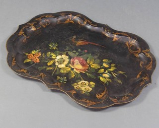 A Victorian black painted metal Toleware tray decorated birds and flowers 61cm x 80cm 