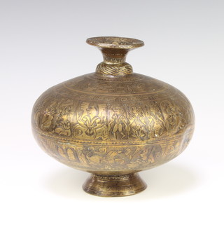 An Eastern embossed brass melon shaped vase raised on a spreading foot 17cm x 18cm 