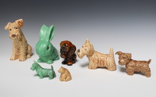 A green Sylvac bunny 1026 16cm, a ditto terrier 72 16cm, seated ditto 1379 20cm, a bear 6cm, a green terrier 1259 5cm, a tan ditto (chipped foot) 7cm and a brown glazed ditto 1246 12cm 