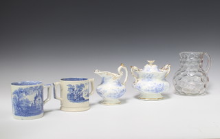 A 19th Century transfer print jug with landscape scene 10cm, a 2 handled ditto, a milk jug, lidded sugar bowl and a dimpled jug 