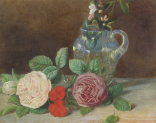 20th Century watercolour, unsigned, still life study of a glass jug with flowers 20cm x 24cm 