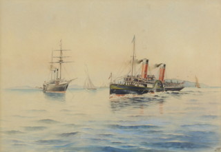 20th Century watercolour, monogrammed JM "Royal Yacht Enchantress and Paddle Steamer Waverley in the Solent" 18.5cm x 26.5cm  