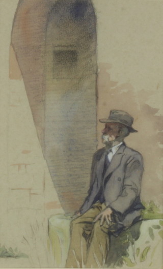 E K Simpson Powell (1895-1975) watercolour unsigned, study of a gentleman sitting in the shade 20cm x 12.5cm 