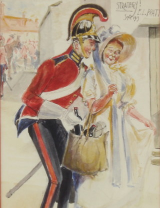 E L Pratt, b.1913, watercolour, an amusing study of a soldier and a lady in a town setting 16cm x 12cm 