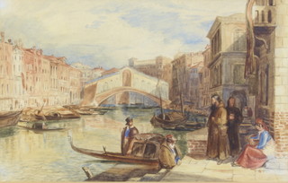 J F Lewis (1805-1876), watercolour signed, study of figures before the Rialto bridge 22cm x 34cm 