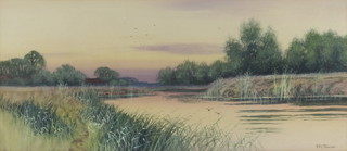 Francis Gordon Fraser born 1879, watercolour, sunset scene, riverscape 24cm x 54cm 