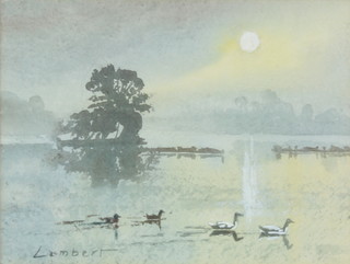 G M Lambert, watercolour signed, moonlit lakeside scene 15cmc x 20cm  