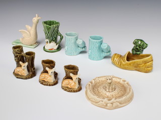 A Sylvac ashtray with seated terrier 13cm, 6 spill vases, a dog with slipper 19093 7cm and a figure of a chick 1680 13cm 