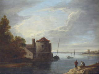 19th Century Continental oil on board, unsigned, a riverscape with figures and distant town, contained in a carved gilt rococo frame 21cm x 29cm 