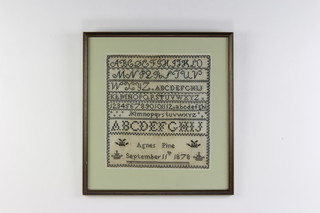 A Victorian sampler of alphabets and numbers by Agnes Pine, September 11th 1879 30cm x 28cm 
