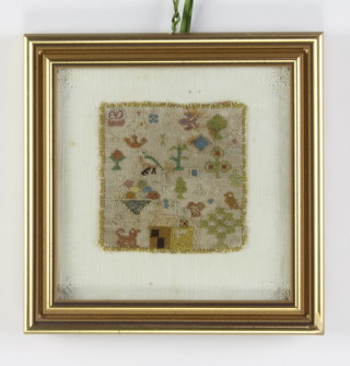 An 18th Century needlepoint embroidery with birds, flowers, trees, house and animals 9cm x 9cm 