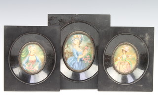 A 20th Century miniature oval portrait of a lady 8cm x 7cm and a pair of ditto 6cm x 5cm 