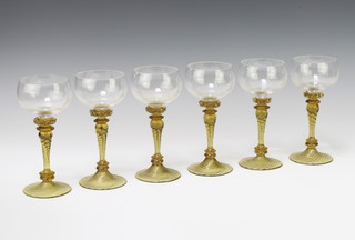 Six Continental hock glasses with amber stems 17cm 