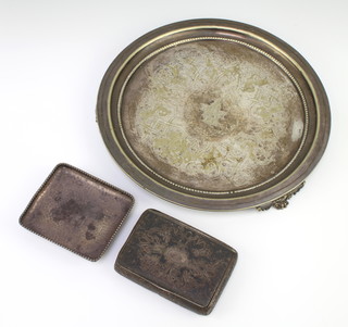 A rounded rectangular silver niello snuff box with geometric decoration, a silver dish and a plated salver, weighable silver 210 grams 