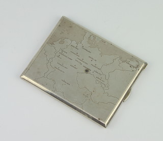 A 925 standard silver cigarette case with engraved map of Europe 143 grams 