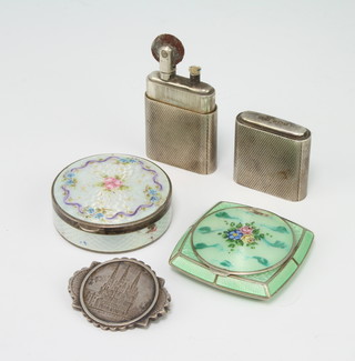 A silver engine turned cigarette lighter Sheffield 1943, 2 silver and guilloche enamel boxes and a silver brooch 