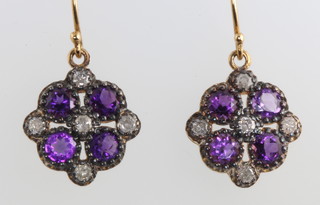 A pair of silver gilt Edwardian style amethyst and diamond drop earrings 15mm 