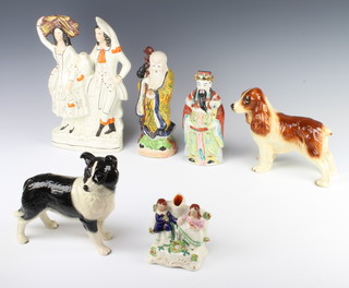 A Staffordshire figure group of a couple 30cm, a ditto spill vase 10cm, 2 modern Oriental figures and 2 dogs 