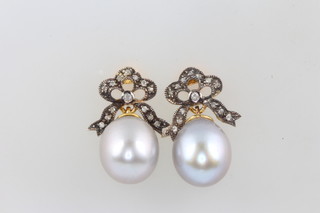 A pair of silver gilt cultured pearl and diamond ear drops 20mm