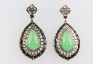 A pair of silver gilt pear cut cabochon jade, onyx and diamond earrings, 45mm 