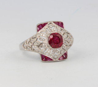 A platinum Edwardian style ruby and diamond dress ring size N
