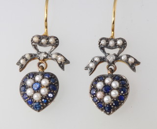 A pair of silver gilt Edwardian style sapphire, seed pearl and diamond drop earrings 20mm