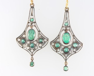 A pair of silver gilt Art Nouveau style diamond and emerald earrings 35mm
