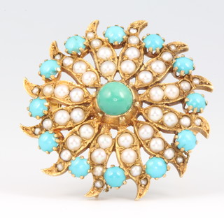 A 9ct yellow gold turquoise and seed pearl floral brooch 3.5cm