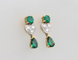 A pair of 18ct yellow gold emerald and diamond earrings with brilliant cut emeralds, diamond set hearts and pear cut emeralds 17mm 
