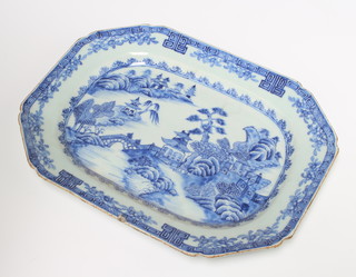 An 18th Century Chinese octagonal meat plate decorated with a landscape view 35cm 