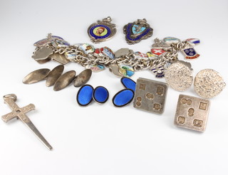 Four pairs of silver cufflinks and minor silver and enamelled charms 
