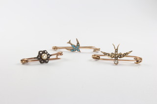 A yellow gold seed pearl and diamond bar brooch and 2 others 