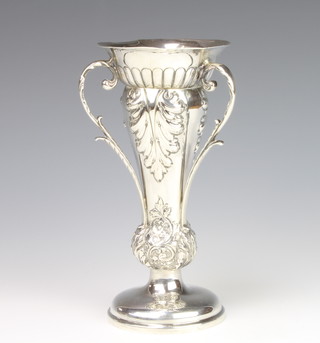 An Edwardian repousse silver 3 handled waisted vase with floral decoration, Sheffield 1906, 17.5cm 
