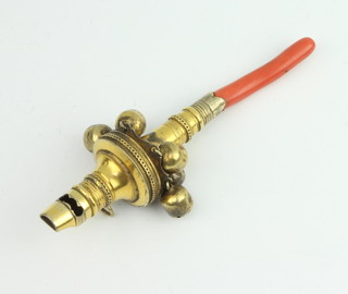 A George III silver gilt rattle and whistle with coral teether 12cm 