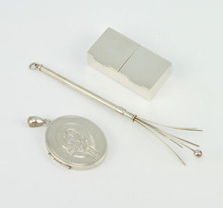 A modern silver 2 division pill box, a locket and swizzle stick 