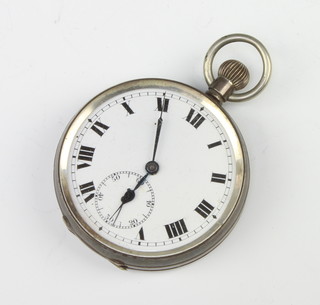 A silver cased mechanical pocket watch with seconds at 6 o'clock in a 50mm case 