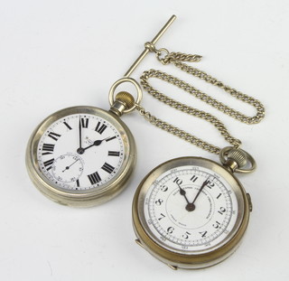 A chromium plated mechanical pocket watch with seconds at 6 o'clock, a ditto chronometer with a plated Albert