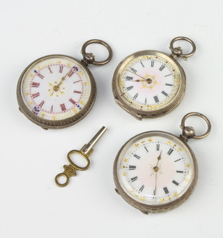 A lady's silver cased fob watch with enamelled dial and 2 others 