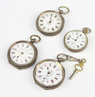 A lady's silver cased keywind fob watch and 3 others 