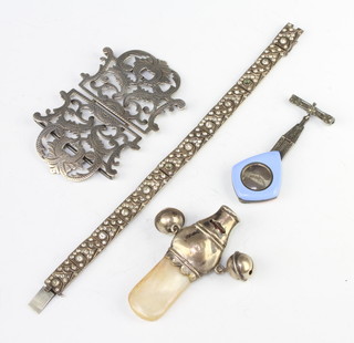 A silver and mother of pearl rattle and minor silver jewellery 89 grams